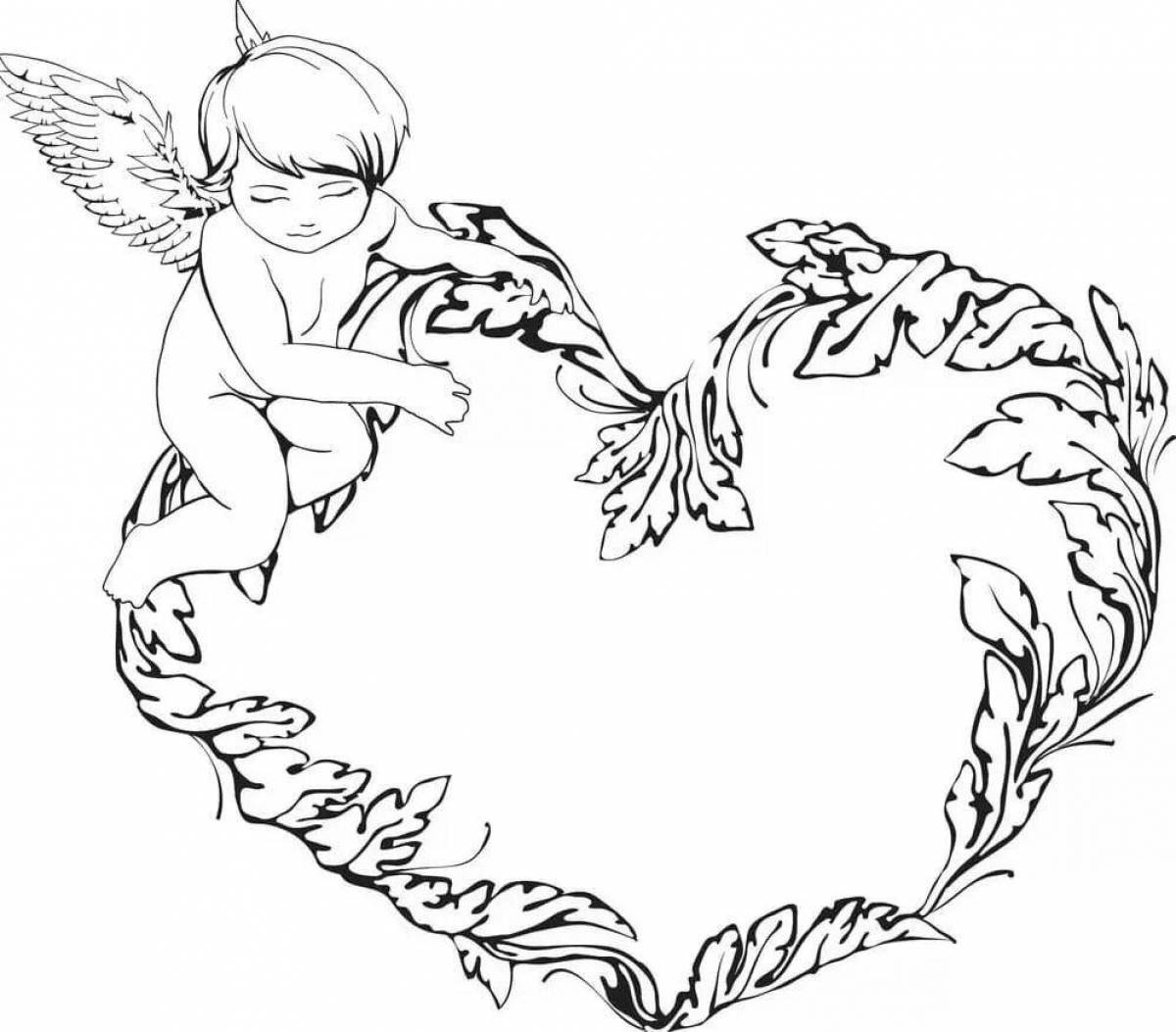 Coloring book mischievous cupid with heart
