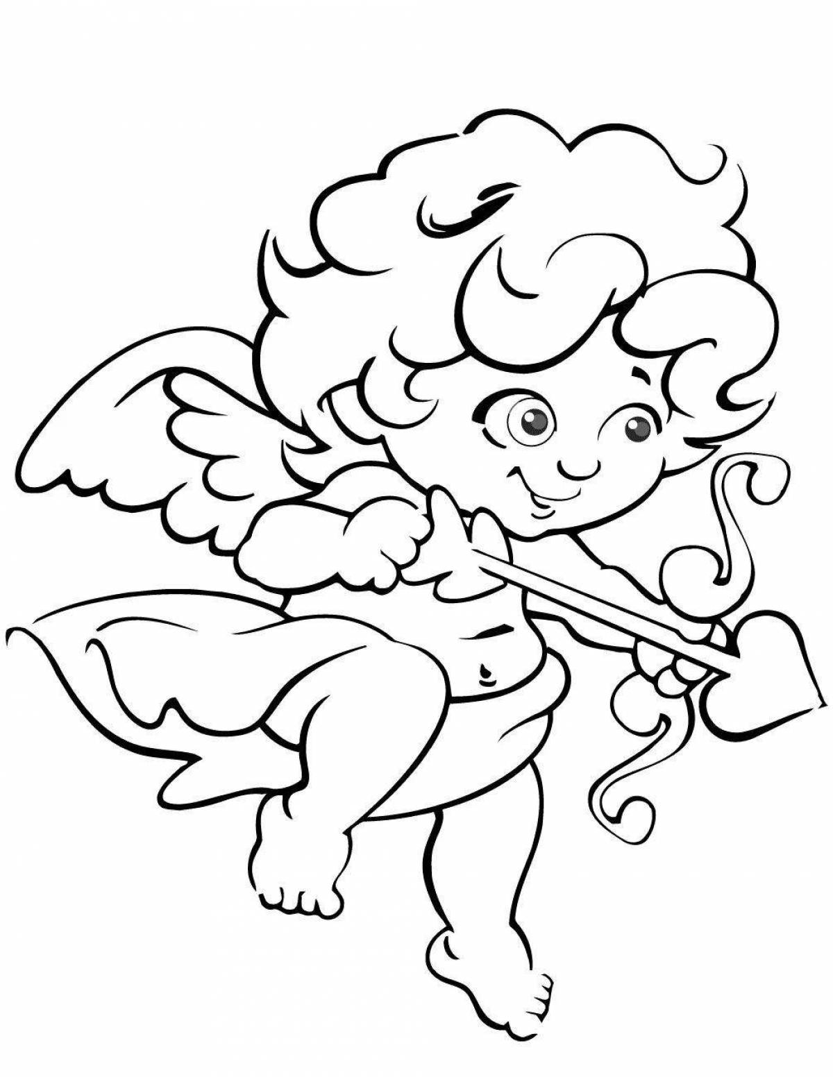 Coloring book glowing Cupid with a heart