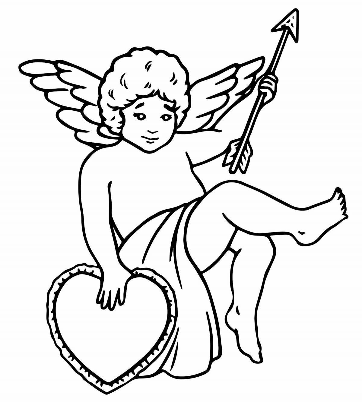 Coloring book shining cupid with heart