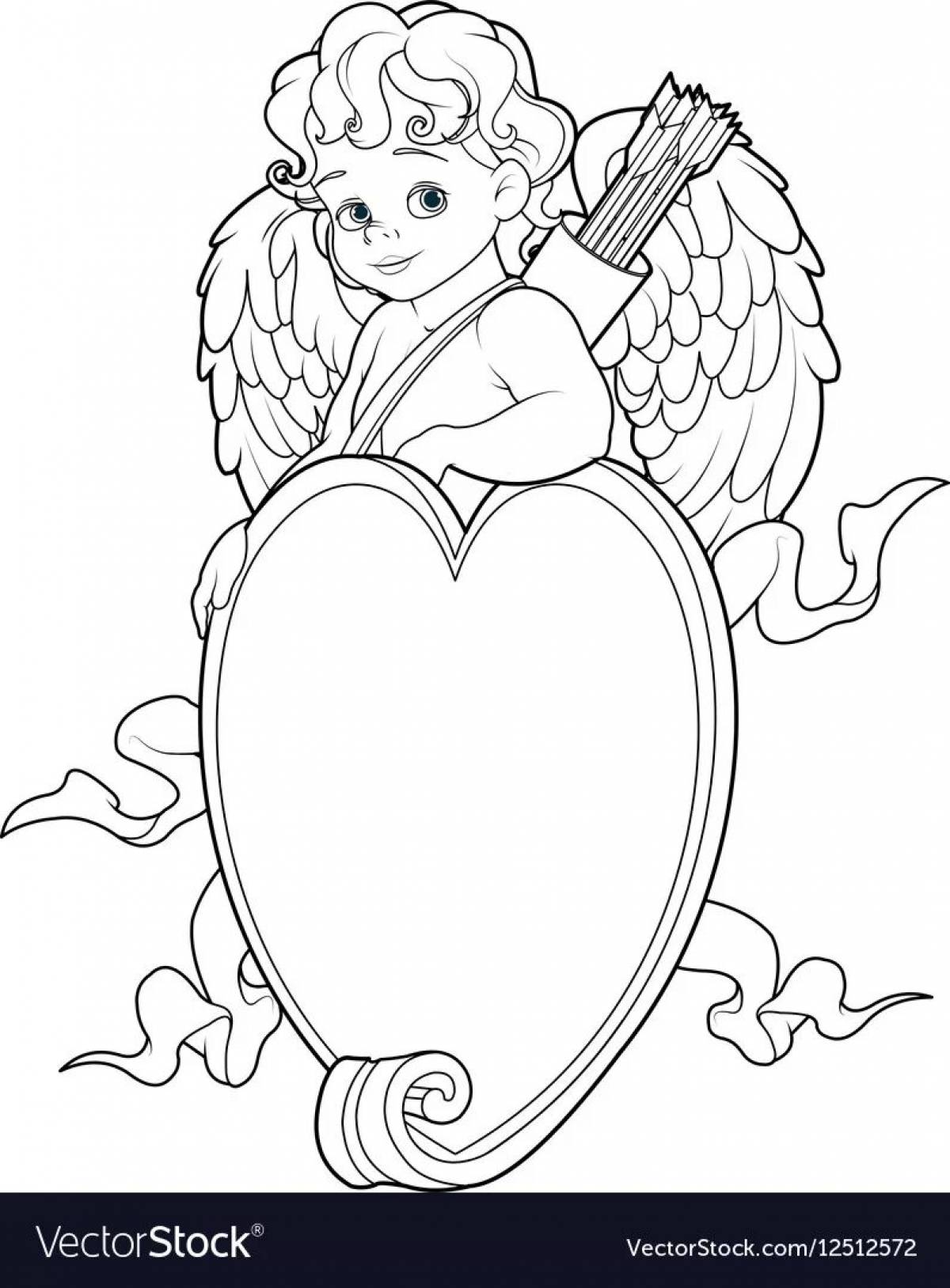 Coloring book peaceful cupid with heart