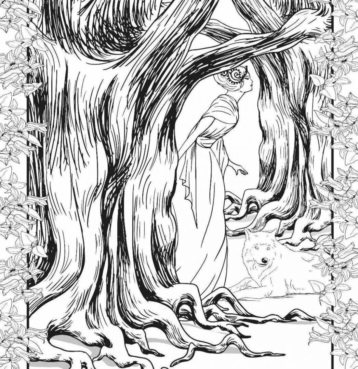 Glowing coloring pages girl in the forest