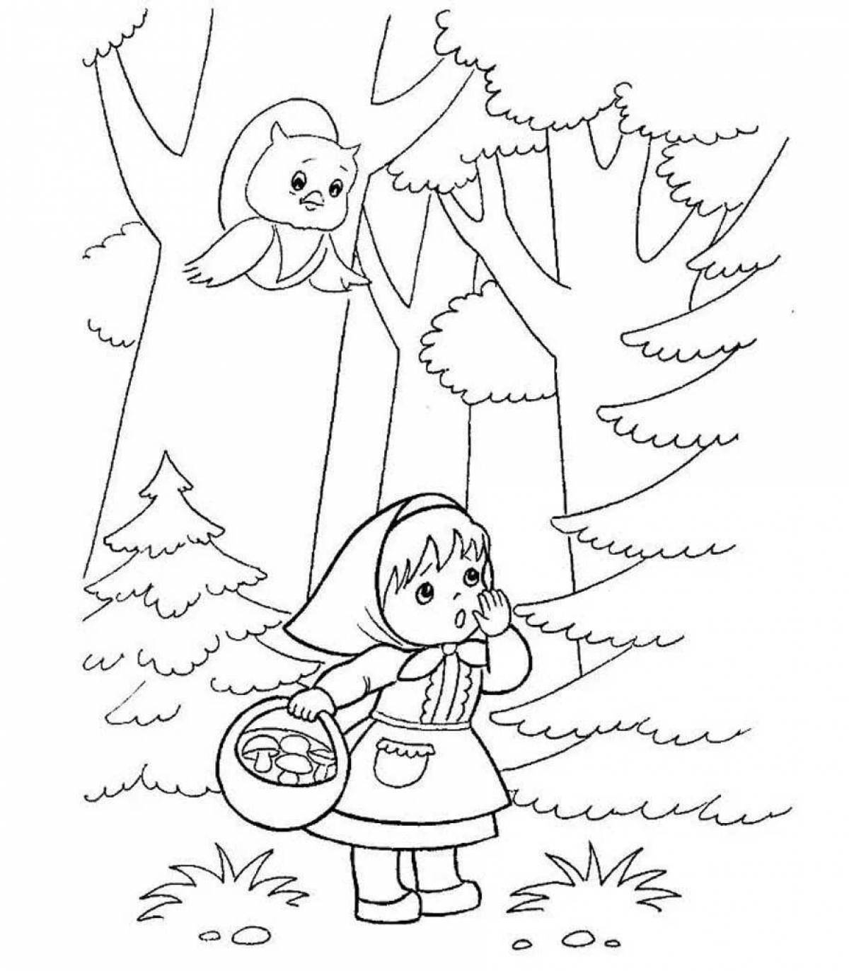 Elegant coloring pages of a girl in the forest