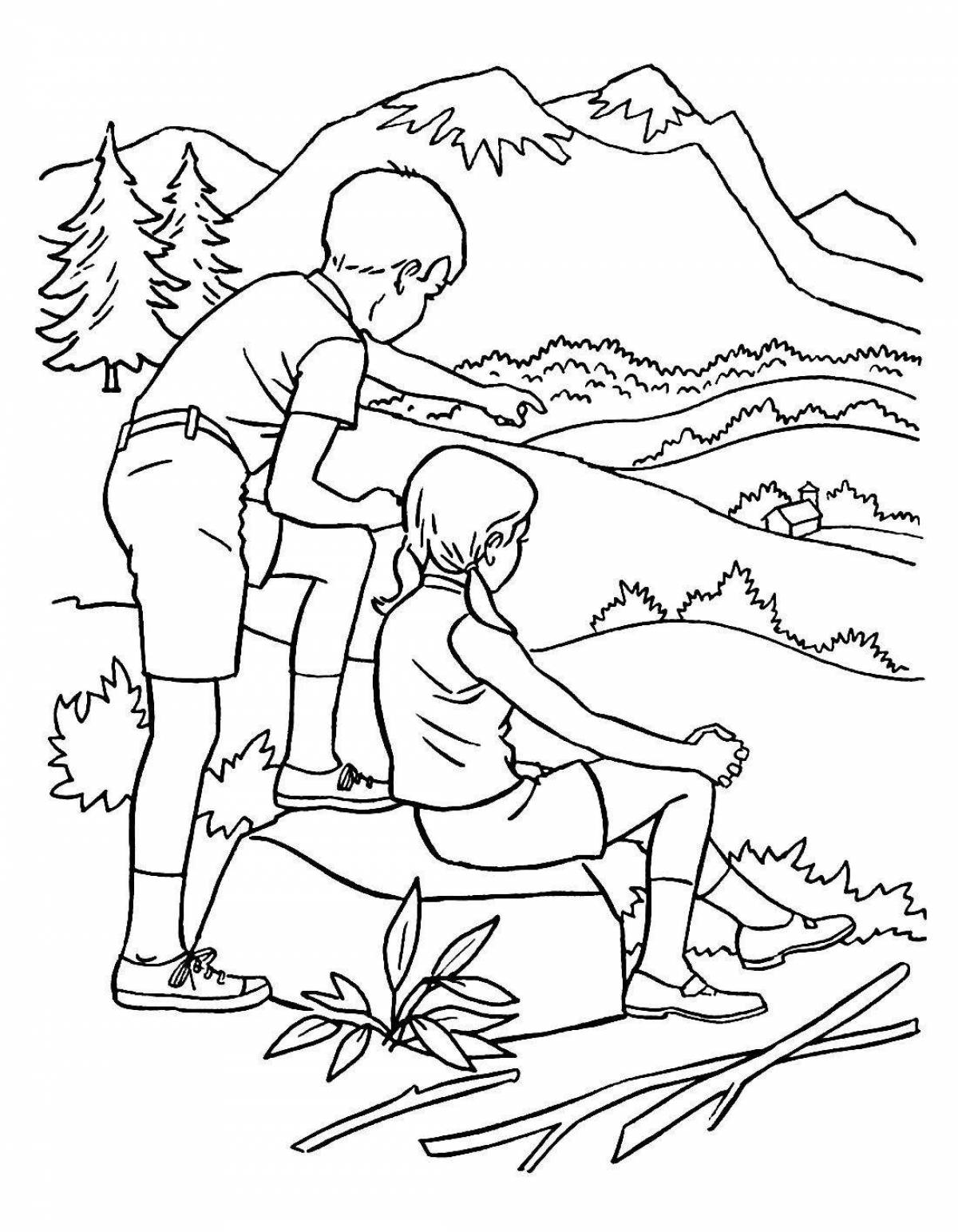 Charming girl in the forest coloring book