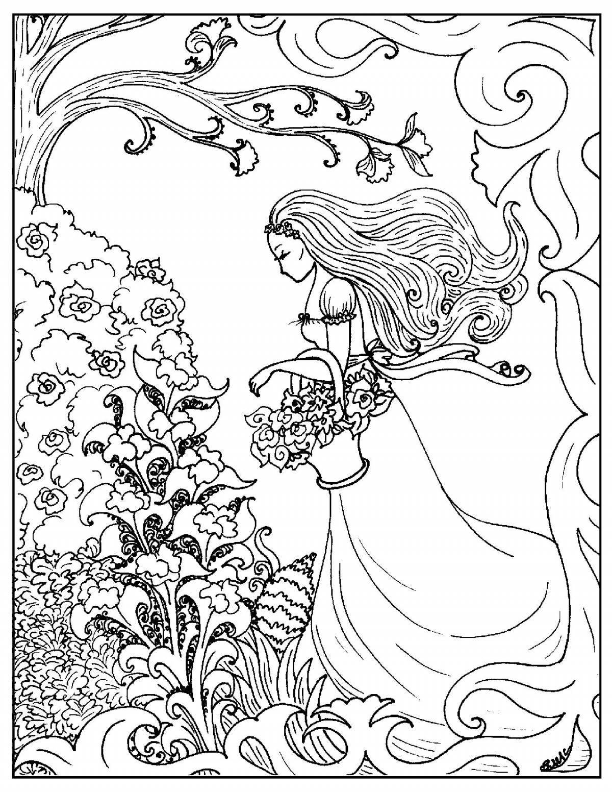 Joyful coloring pages girls in the forest