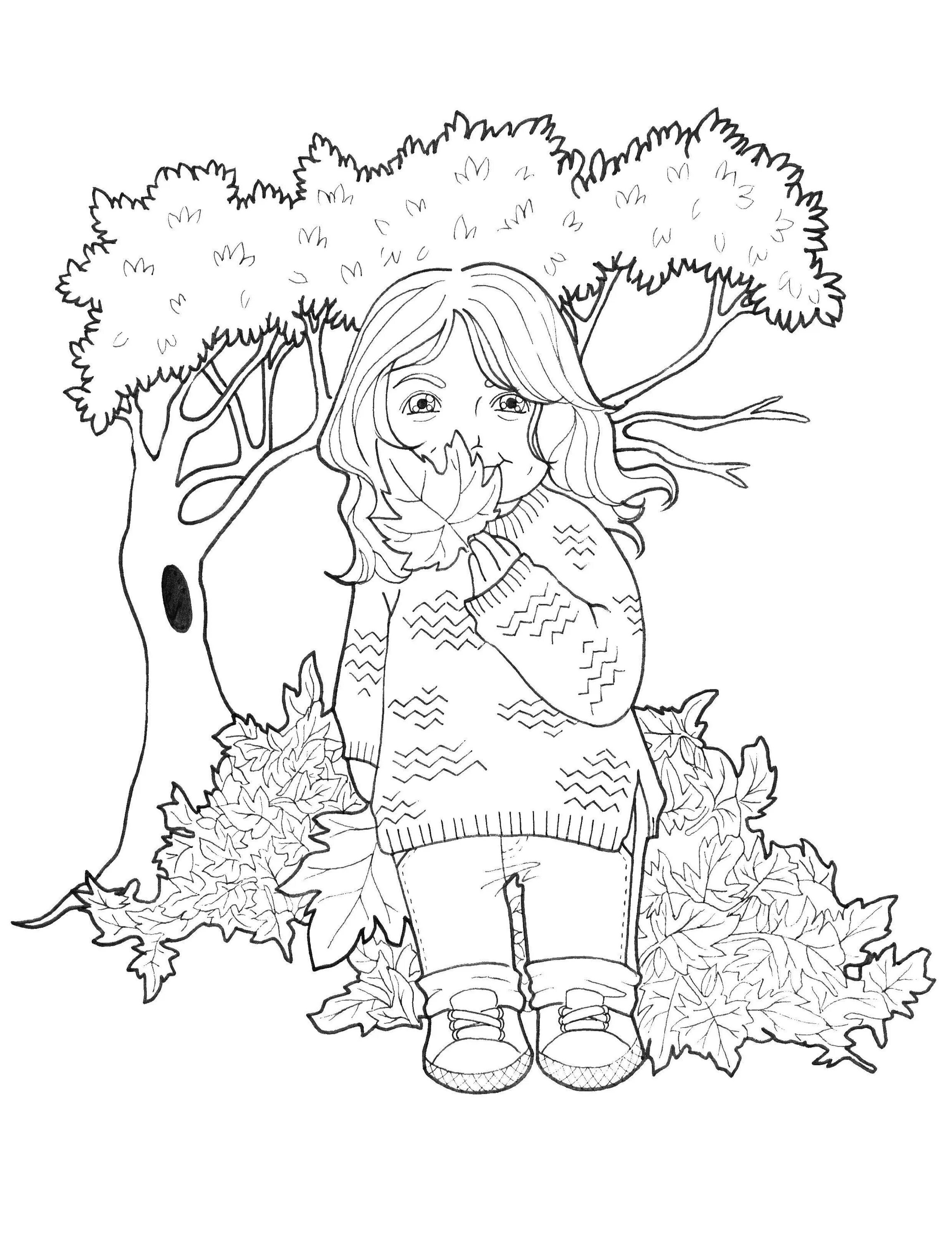 Large coloring book of a girl in the forest