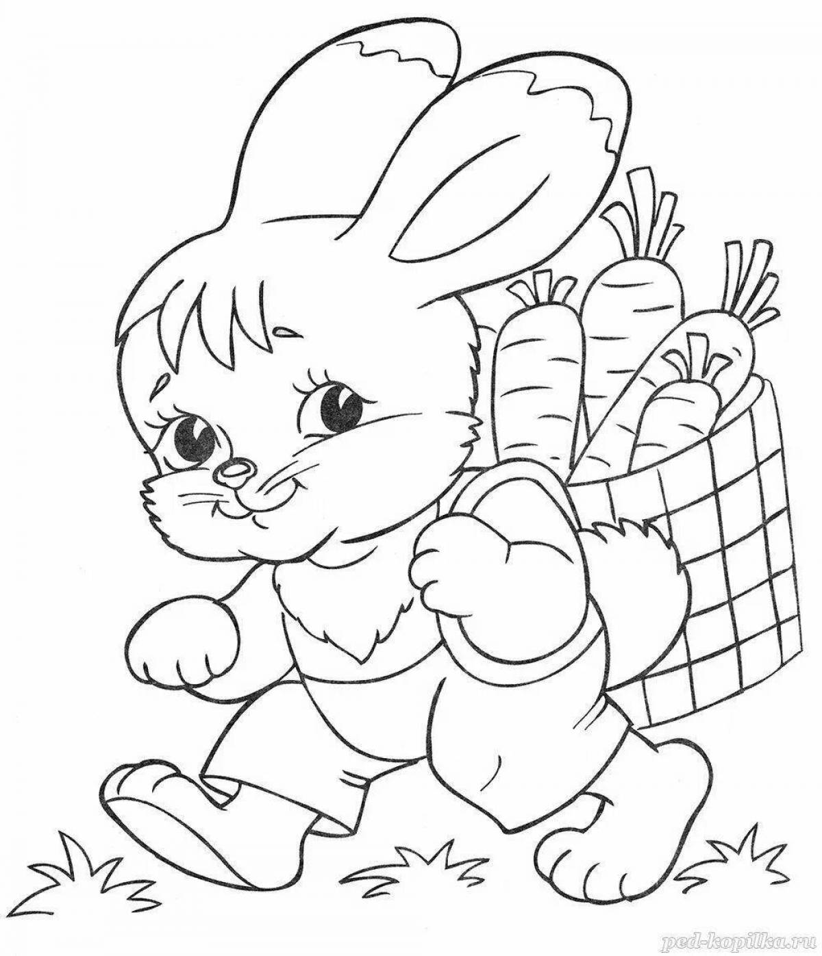 Coloring page cheerful rabbit on the bench