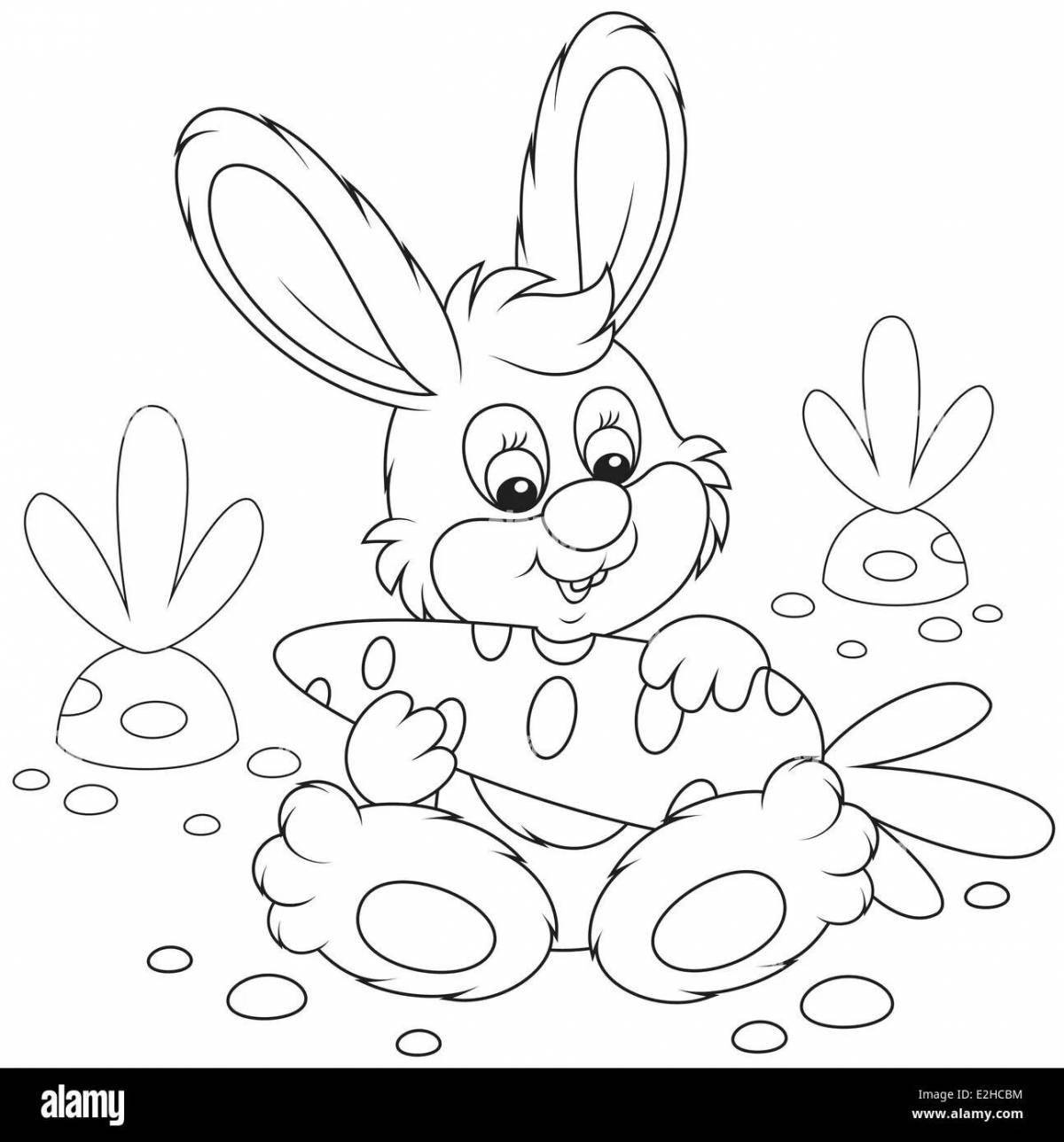 Coloring book joyful rabbit on the bench