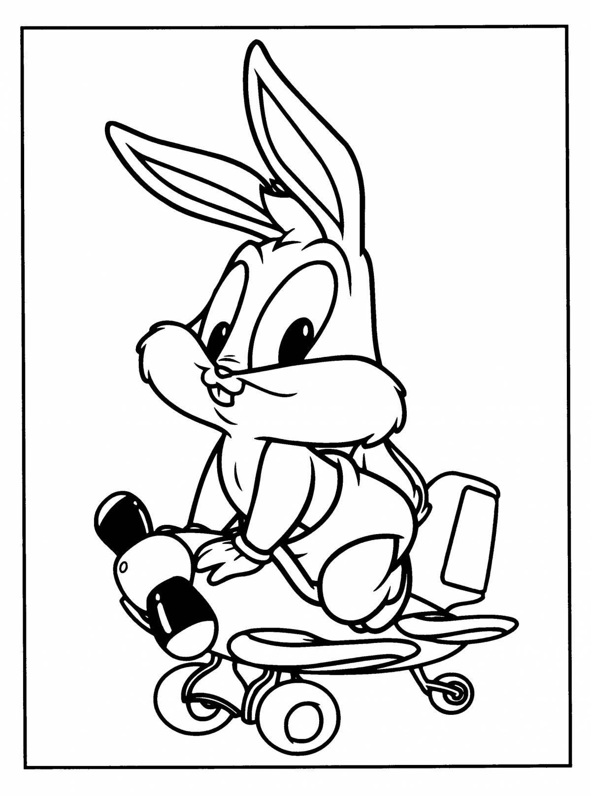 Coloring page fluffy rabbit on the bench
