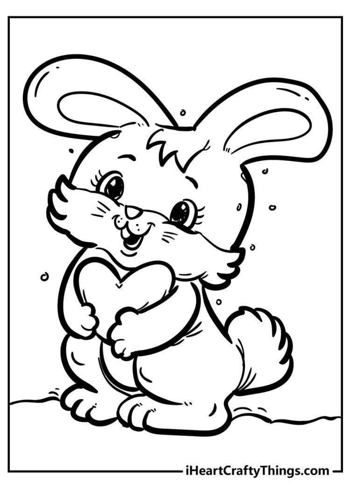 Coloring page happy rabbit on the bench