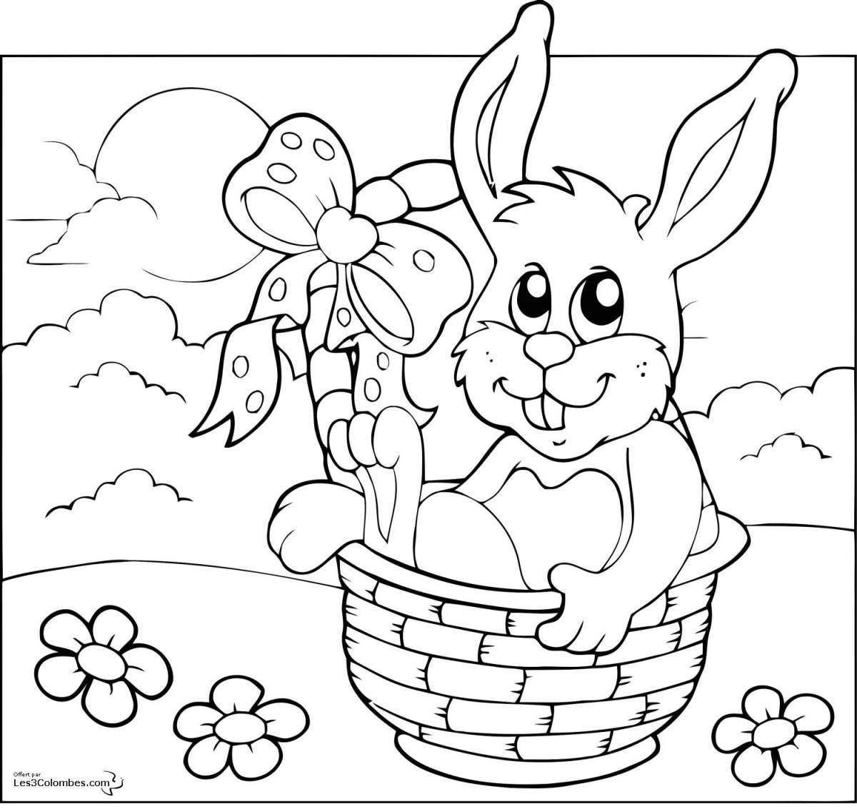 Coloring page flexible rabbit on the bench