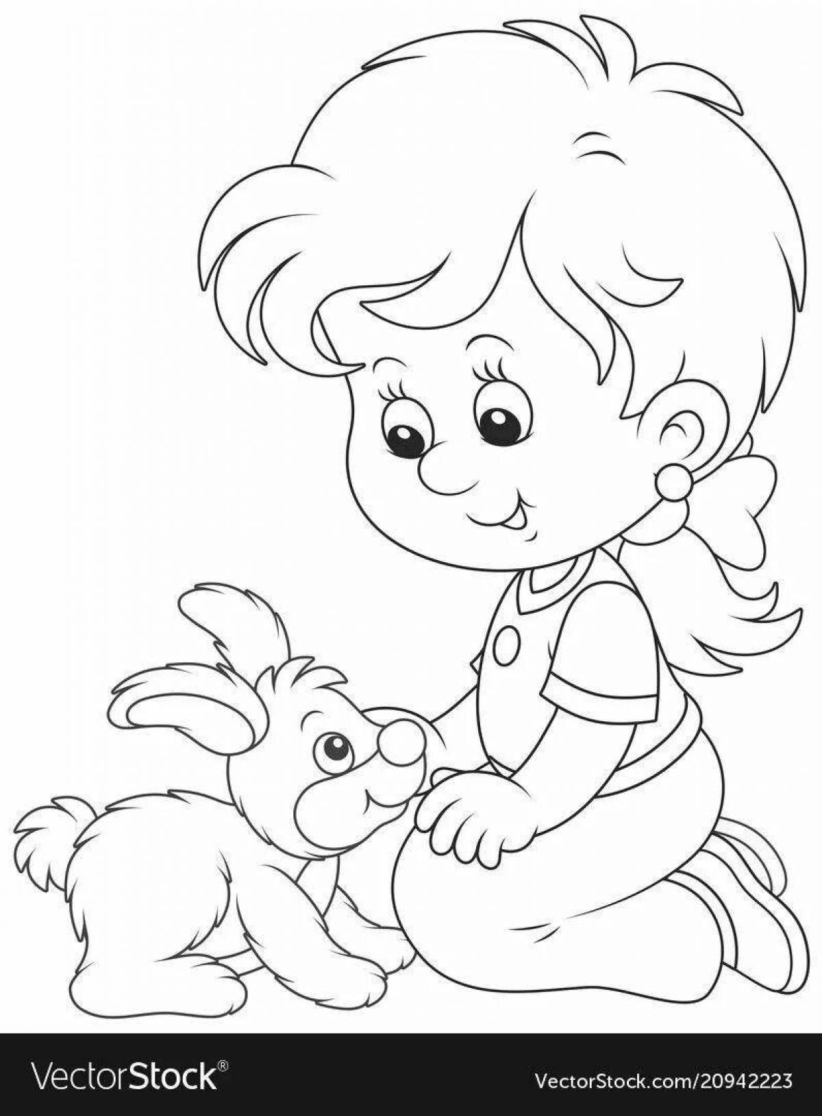 Coloring page winking rabbit on the bench