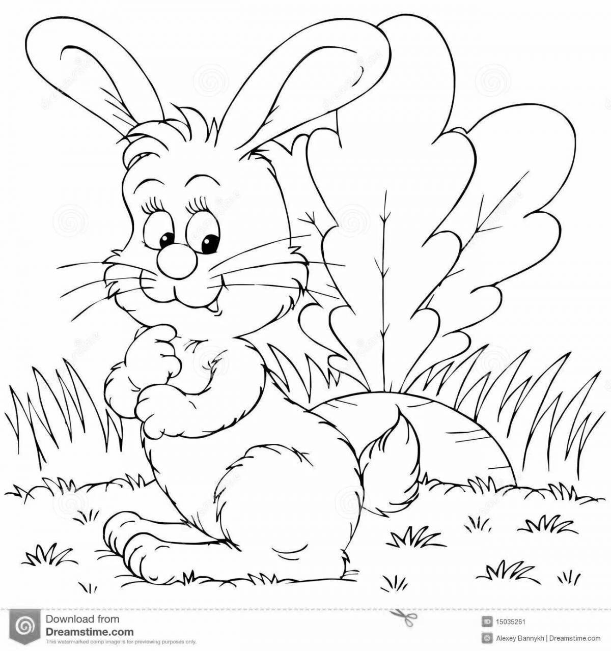 Coloring book snow rabbit on the bench