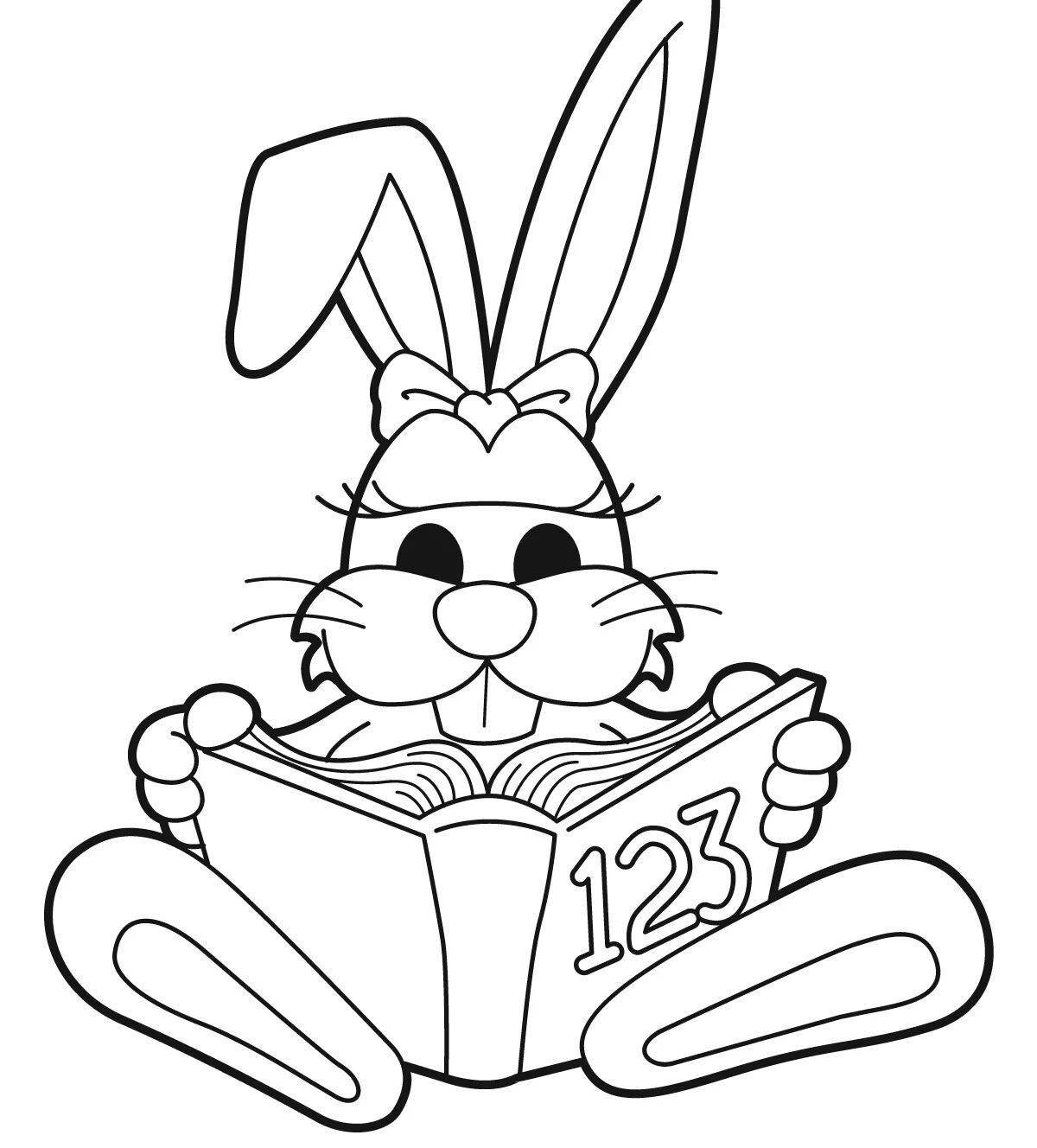 Cute rabbit on the bench coloring book