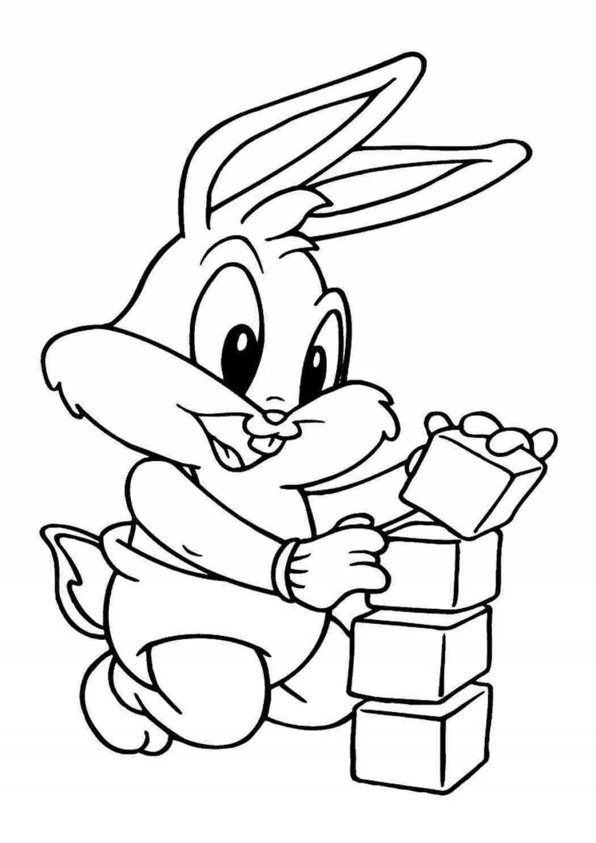 Coloring page chubby rabbit on the bench