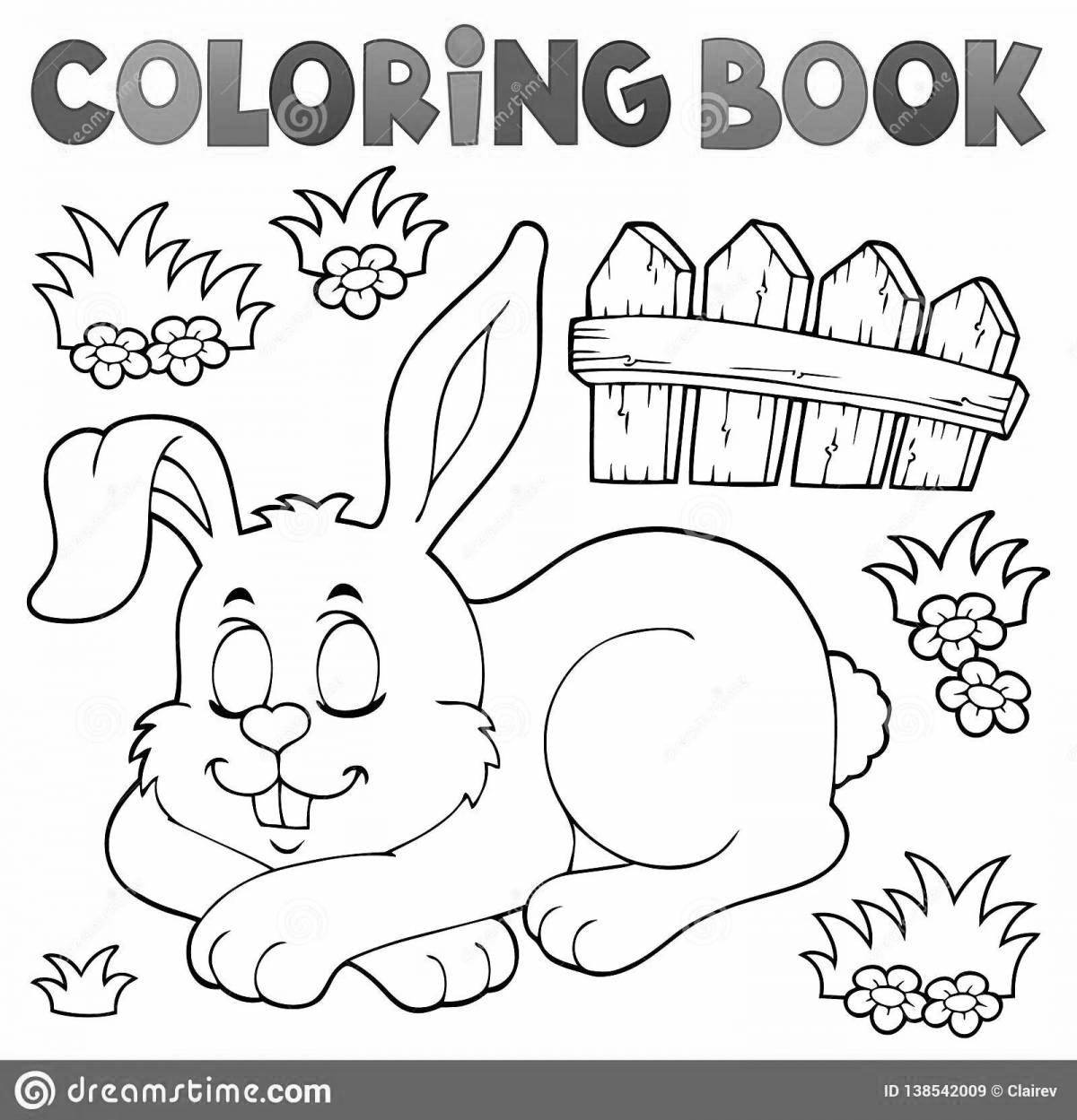 Charming rabbit on the bench coloring book