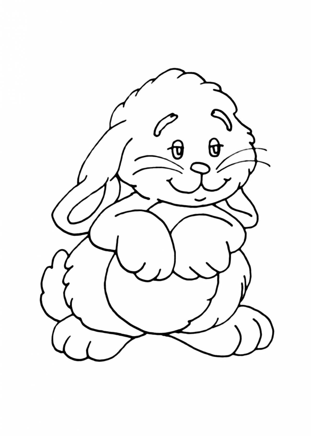 Coloring page friendly rabbit on the bench