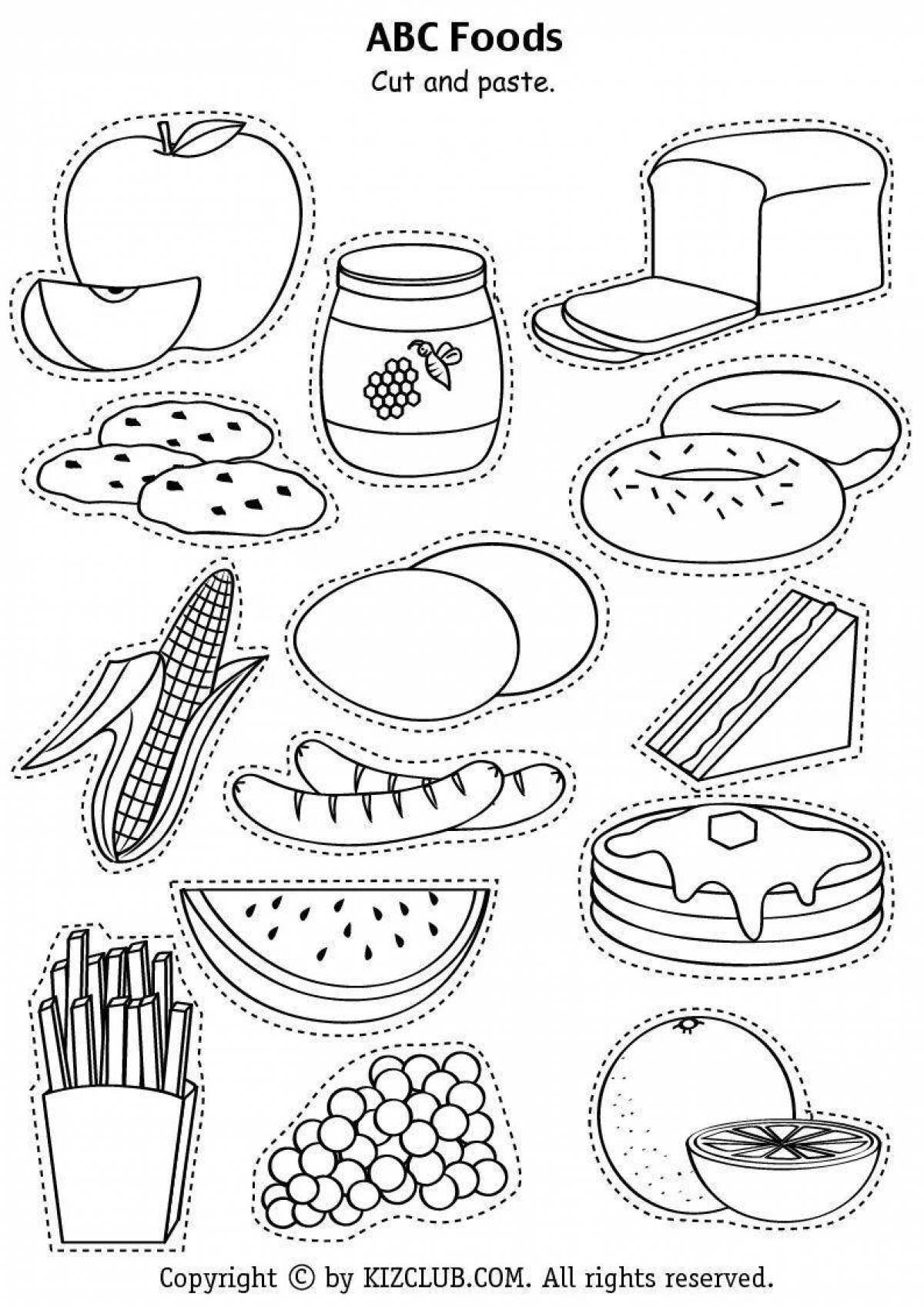 Colorful English food coloring book with alphabet