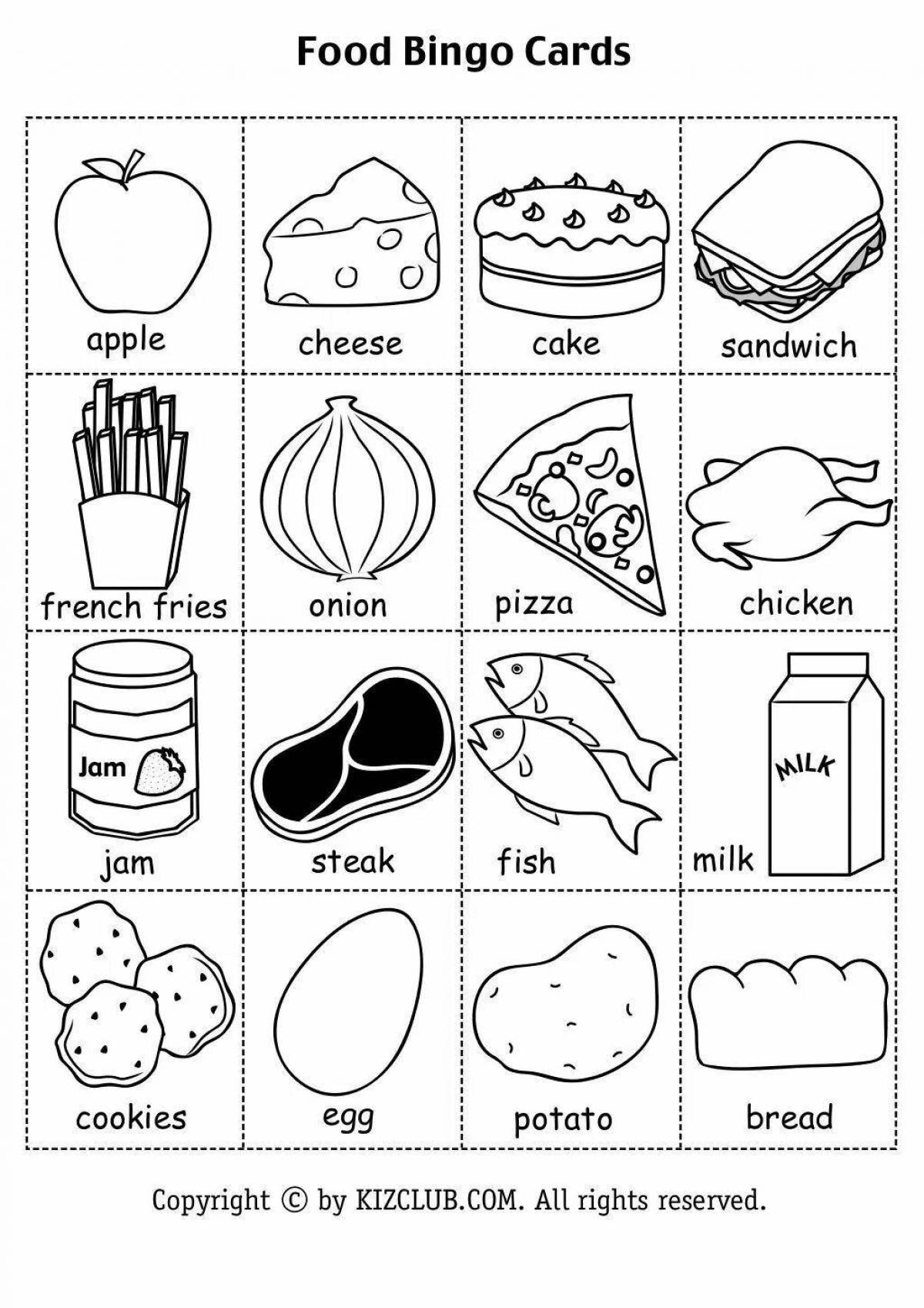 Игривая страница английского алфавита для раскраски еды