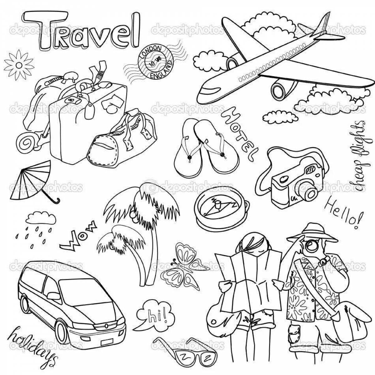 Fun coloring book for kids about travel