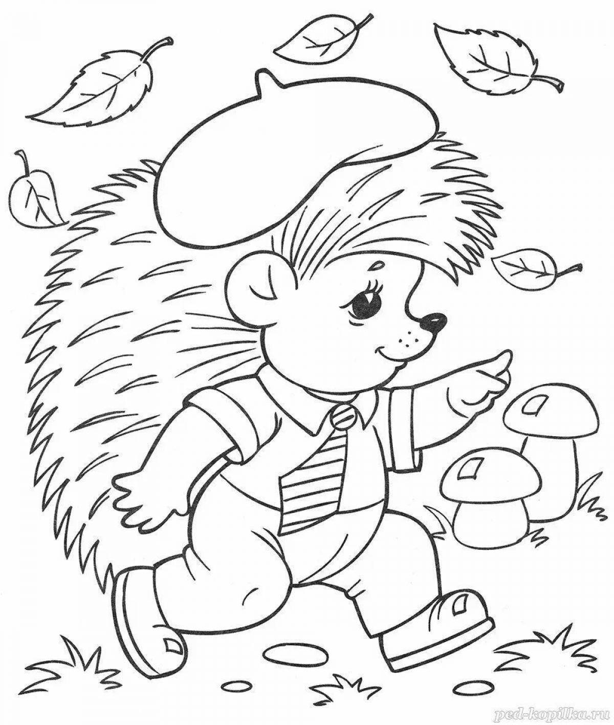 Jolly hedgehog with mushrooms