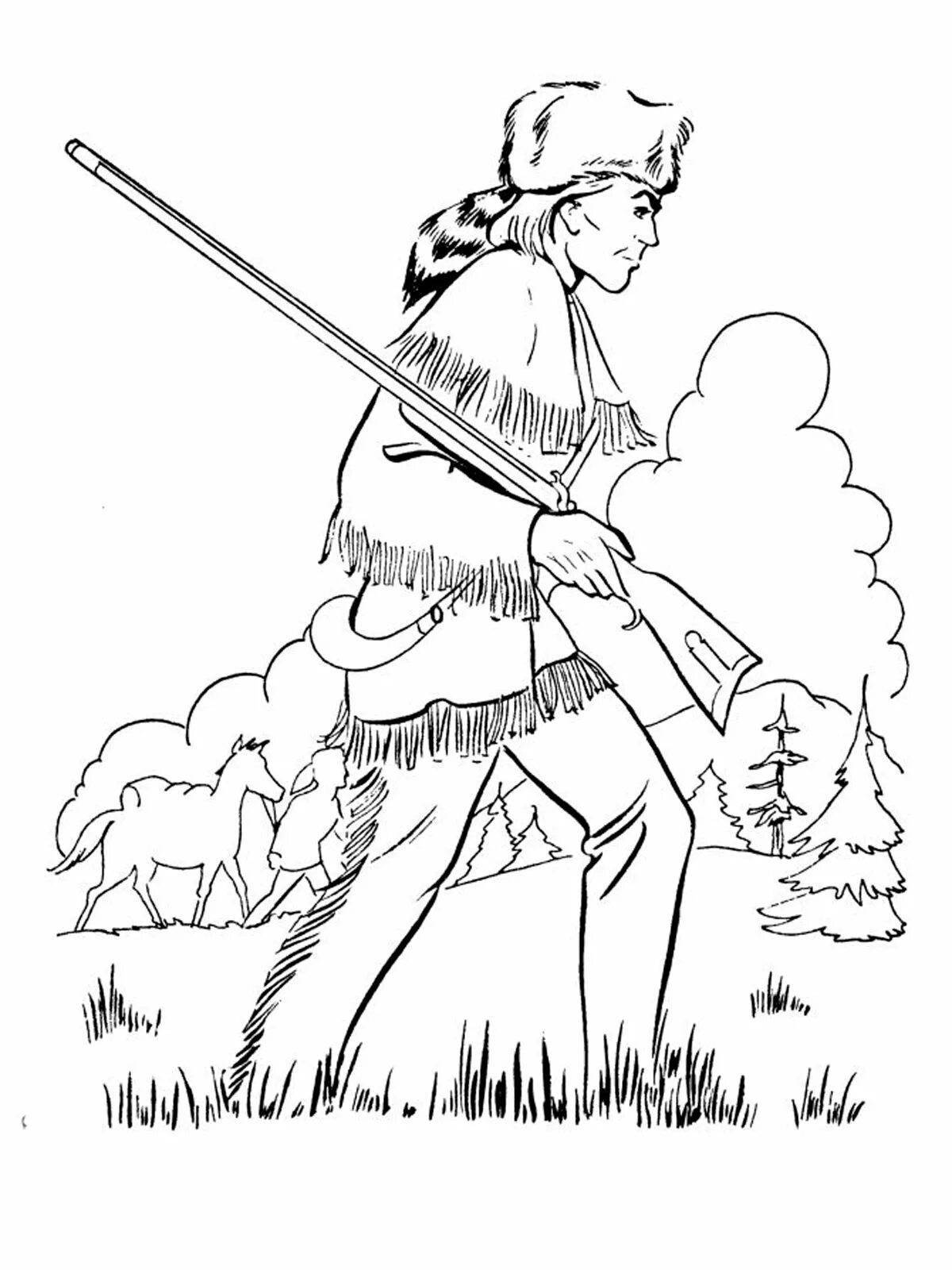 Charming hunter with a gun coloring book