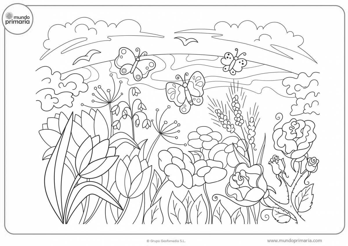 Заманчивая раскраска поляна с цветами