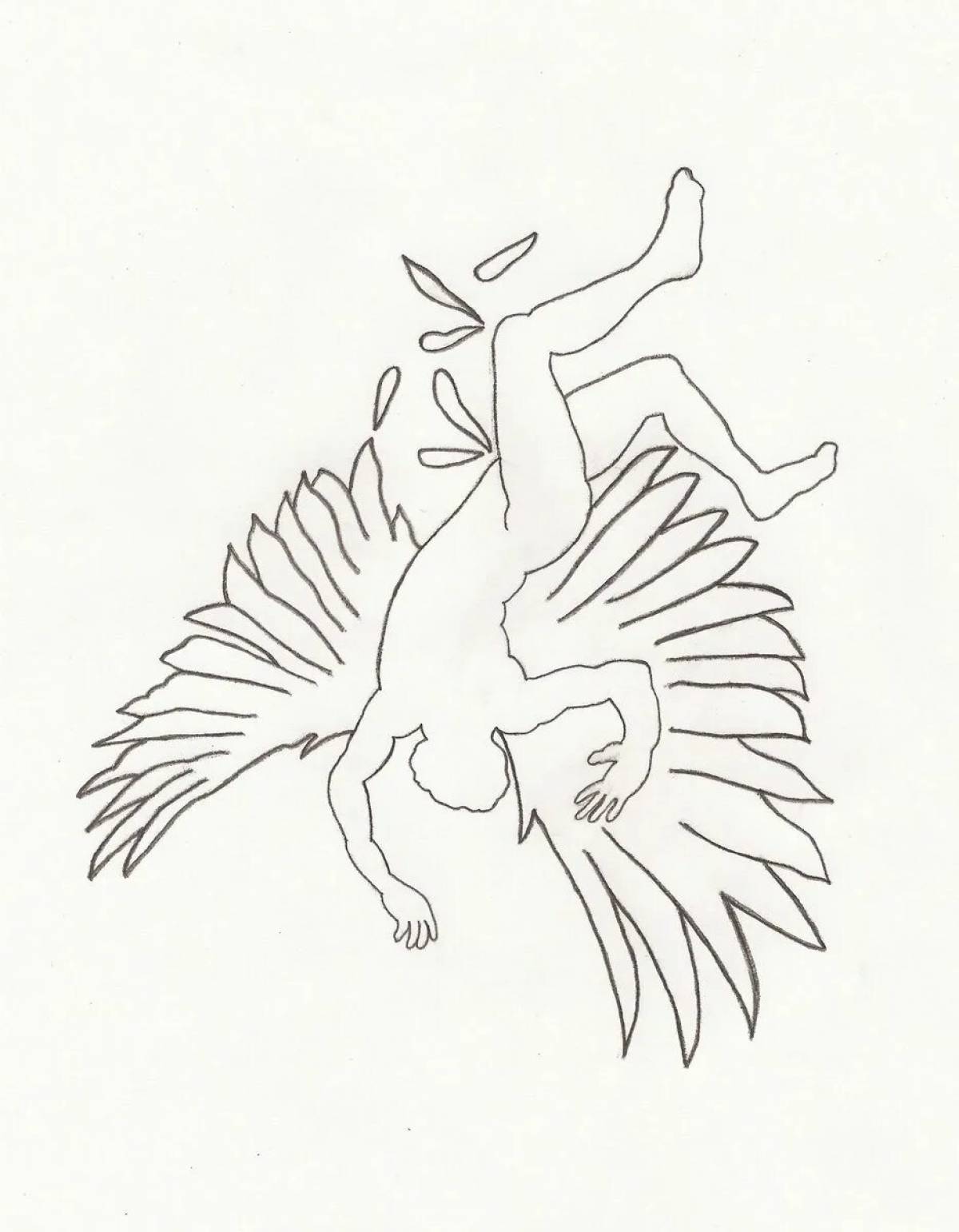Dedalus and Icarus coloring page with colorful accents