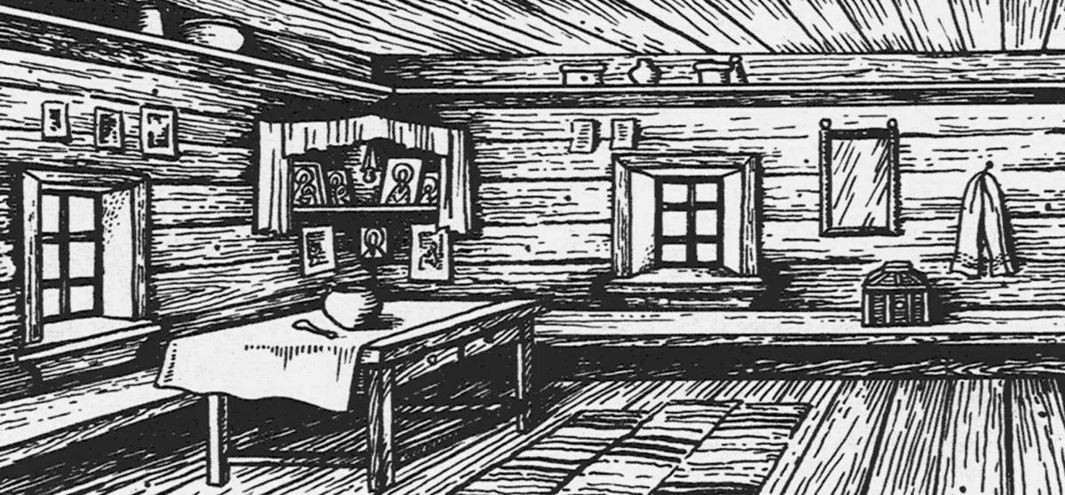 Cozy interior of a Russian hut