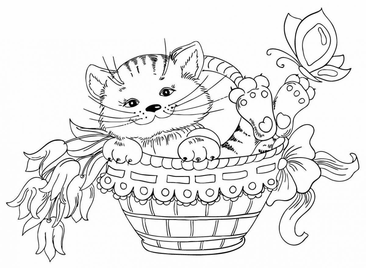 Coloring book calm cat in a mug
