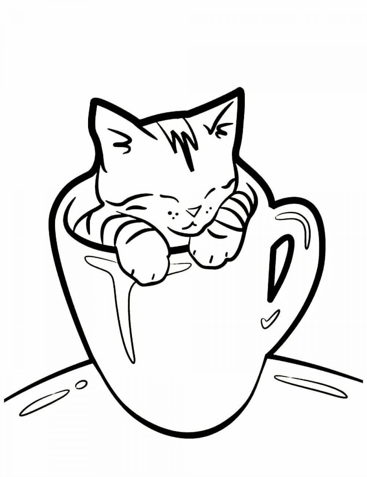 Coloring book dreamy cat in a mug