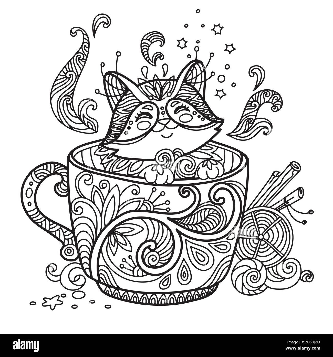 Coloring book sleepy cat in a mug