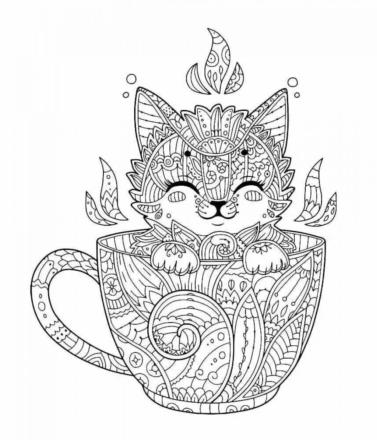 Coloring page cute cat in a mug