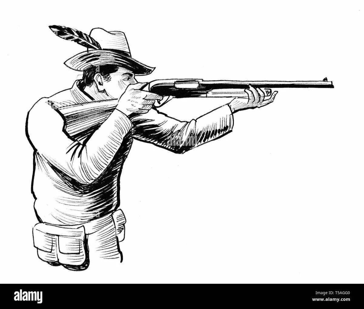 Photo Coloring book beckoning hunter with a gun.