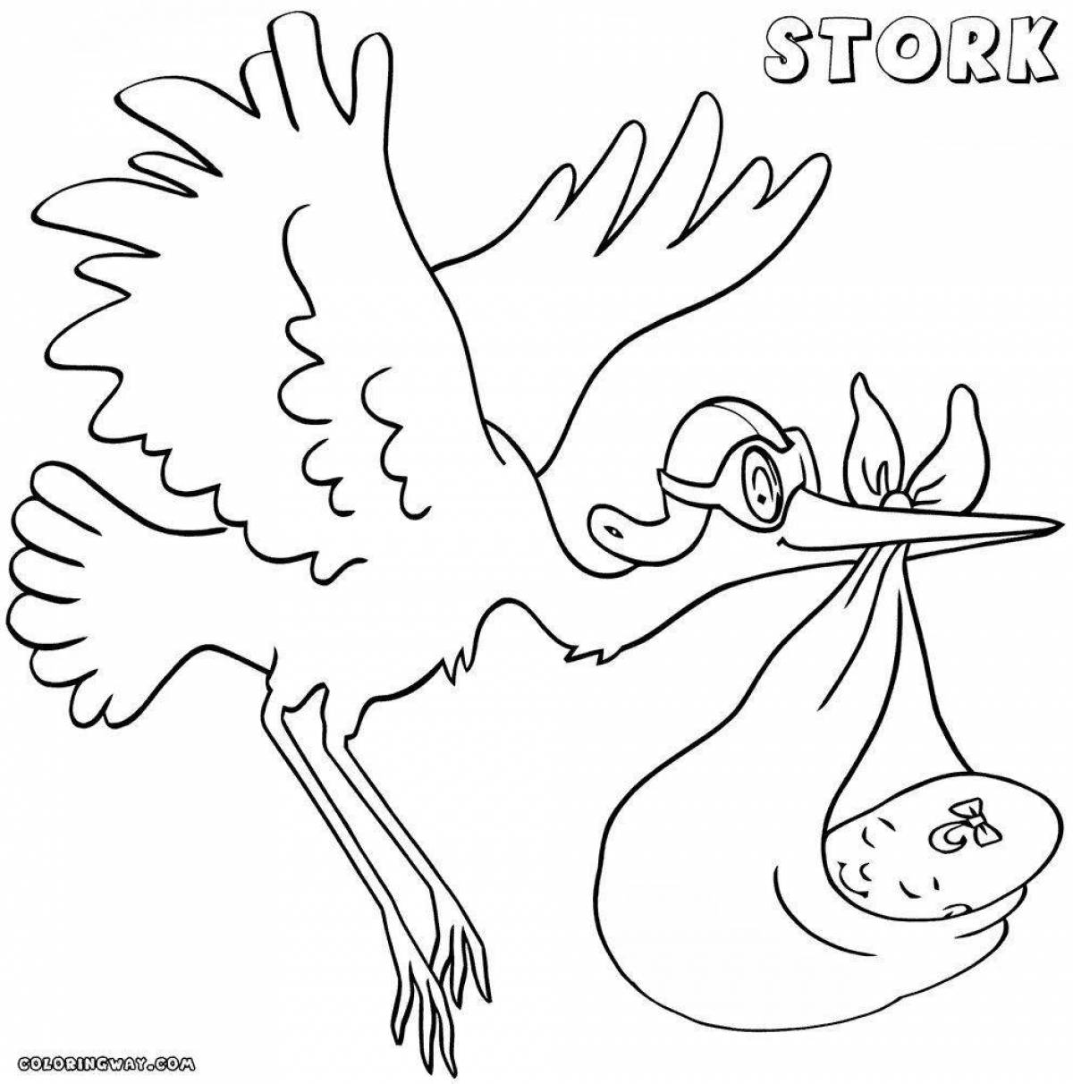 Joyful stork with coloring baby