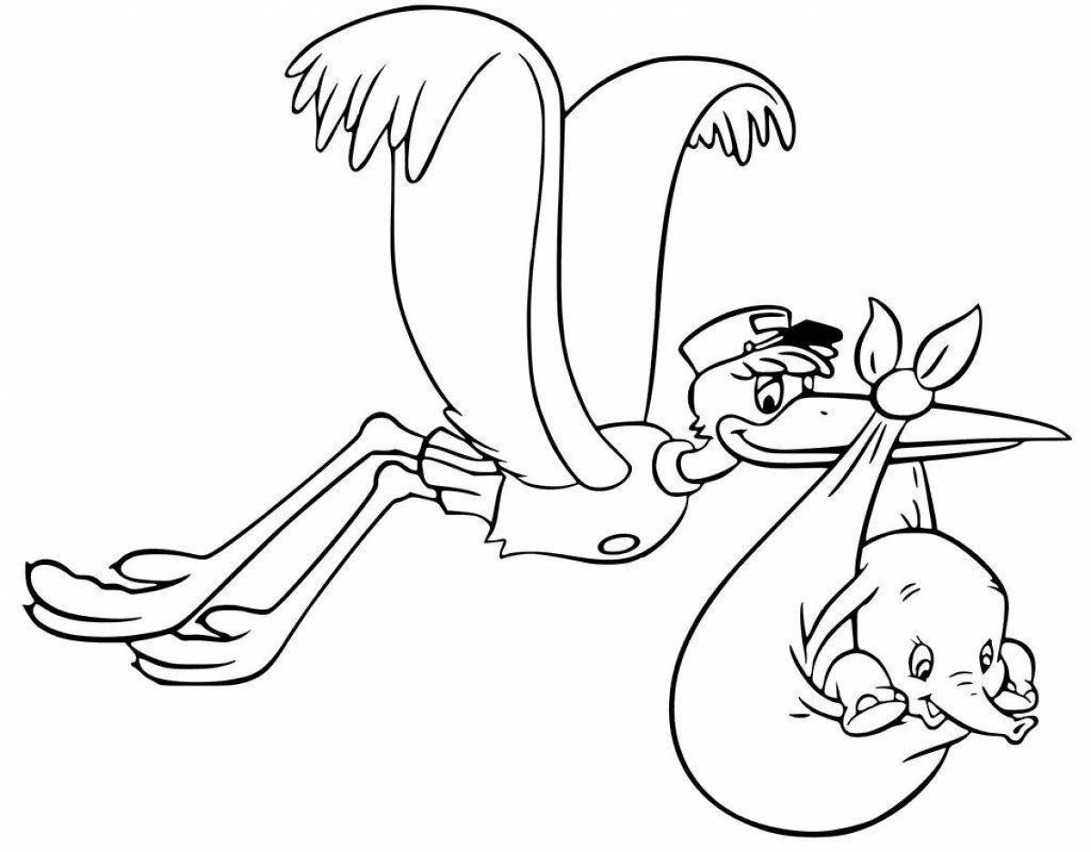 Coloring page charming stork with baby