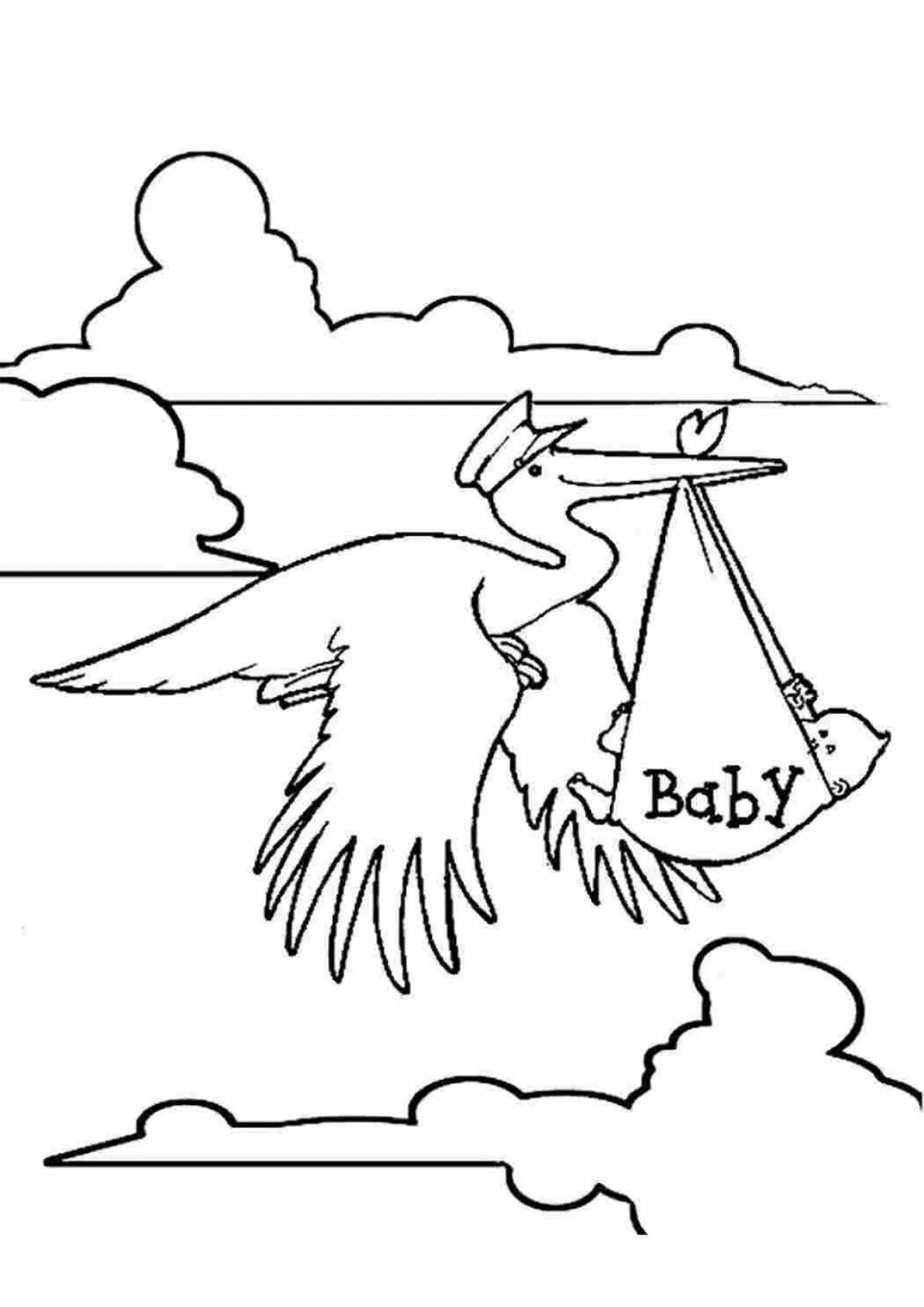 Раскраска лучезарный аист с малышом