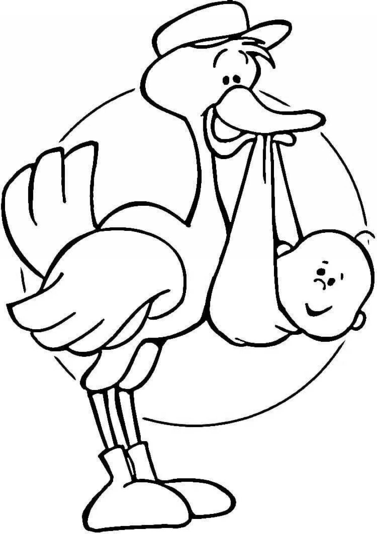 Coloring book cheerful stork with baby