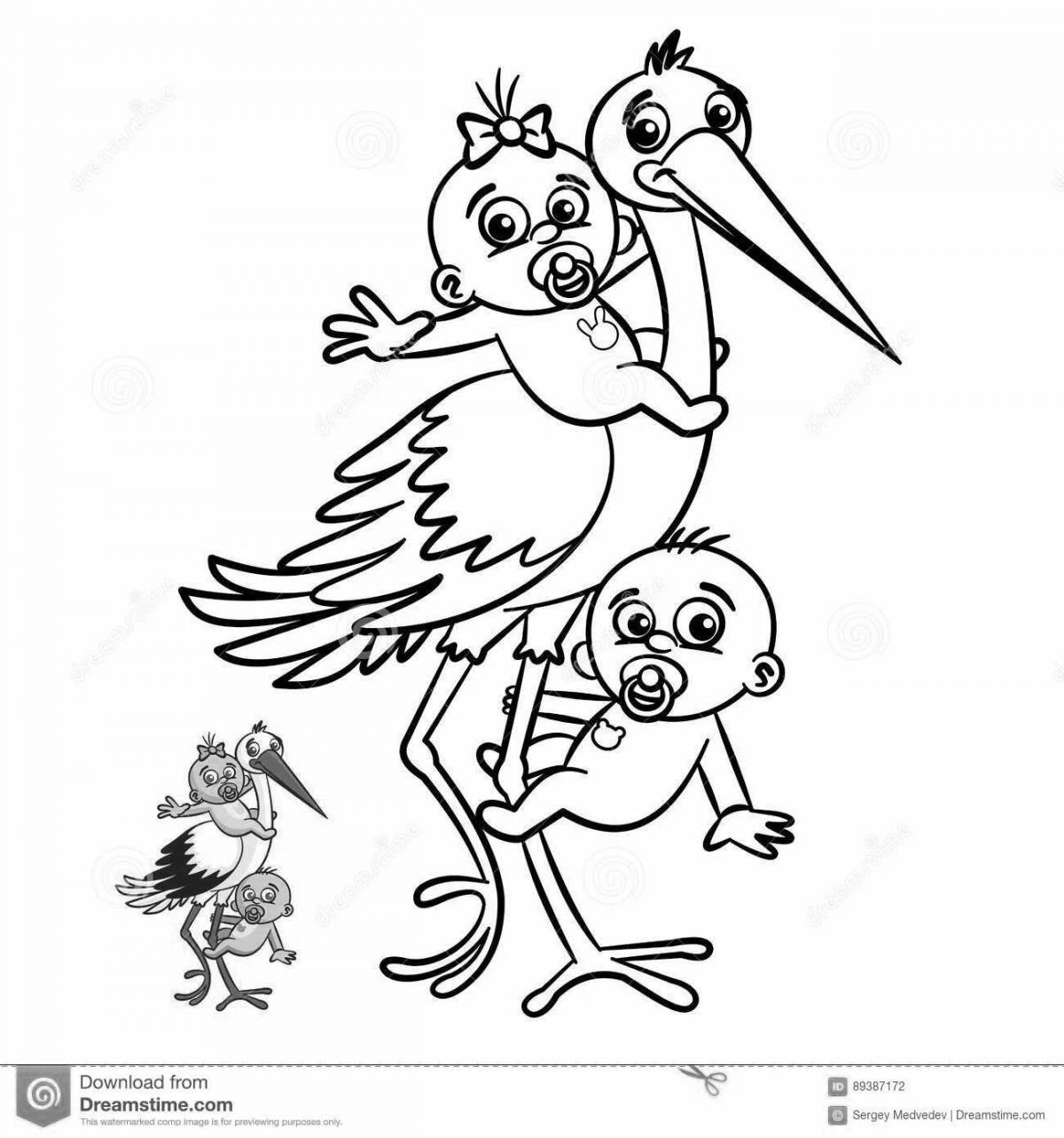 Coloring book glowing stork with baby