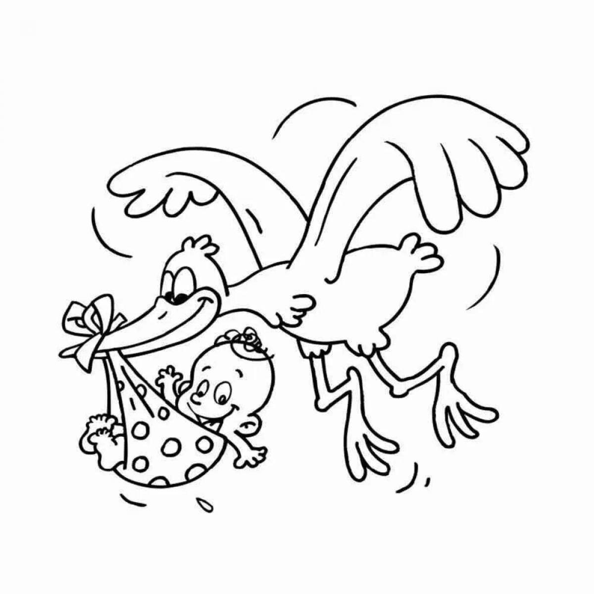 Coloring book of a generous stork with a cub