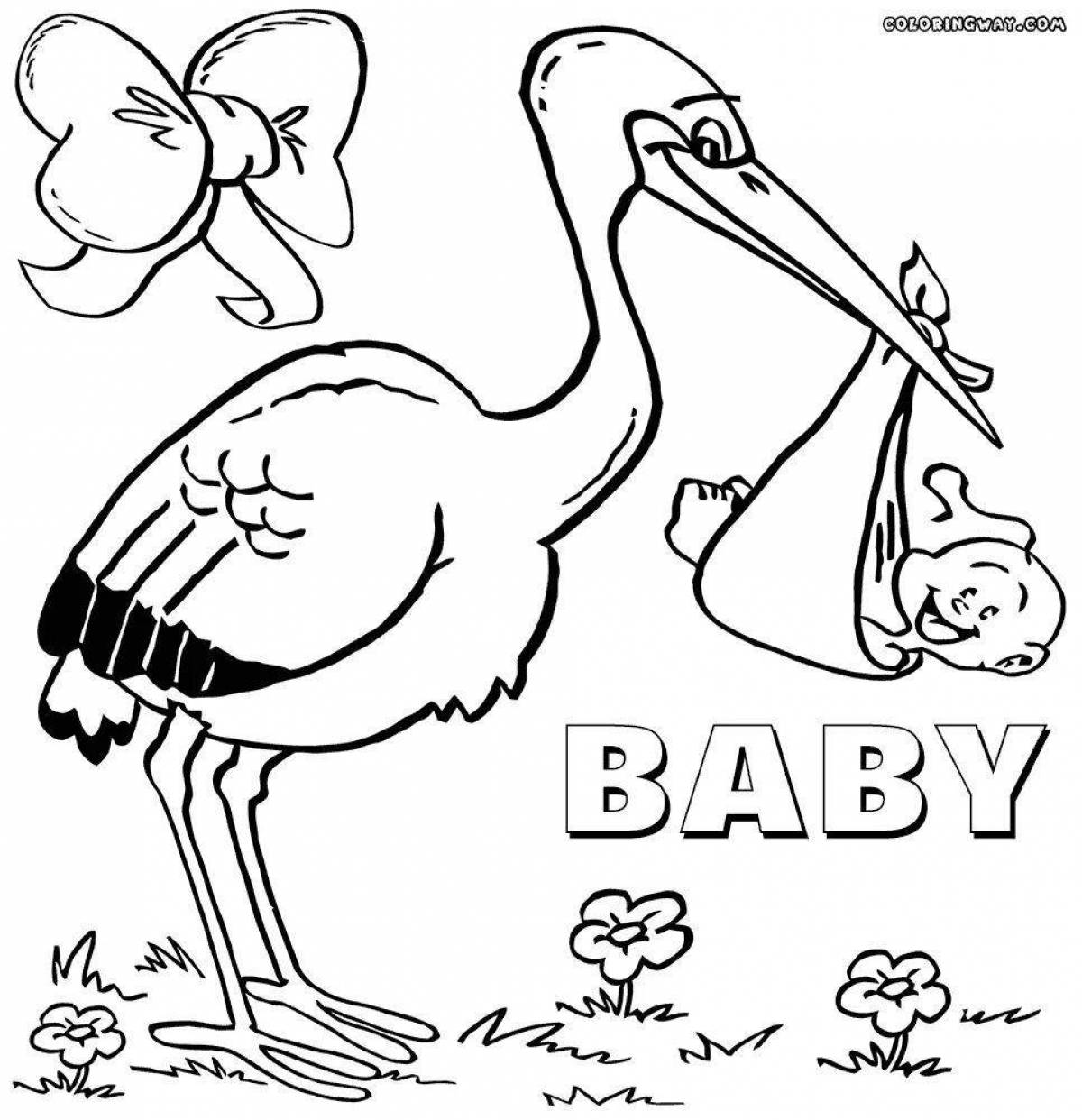 Brilliant stork with baby coloring book