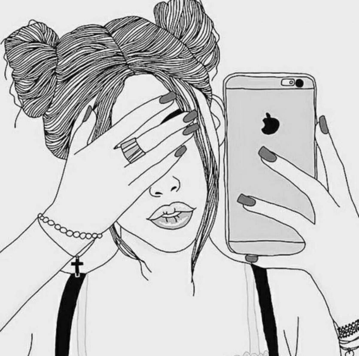Attractive coloring book girl with phone