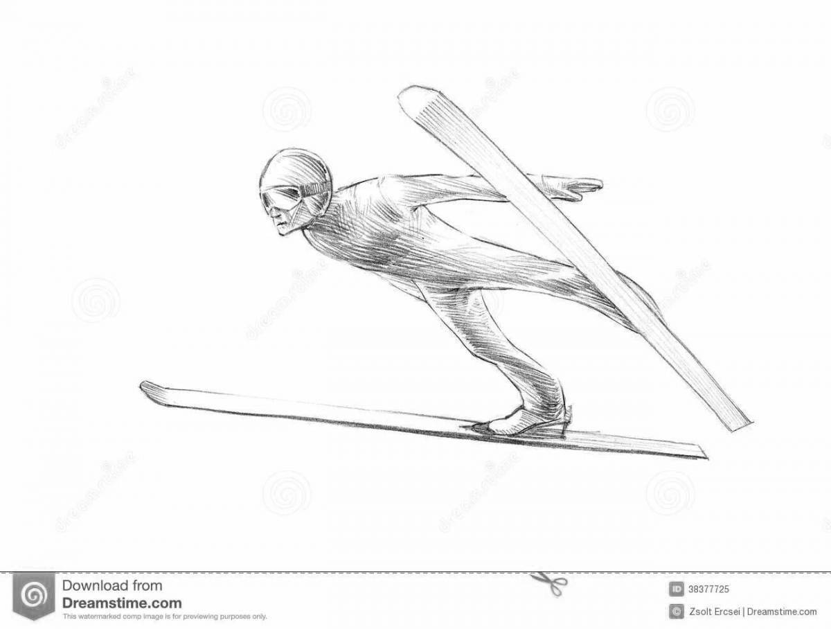 Coloring page energetic ski jumping