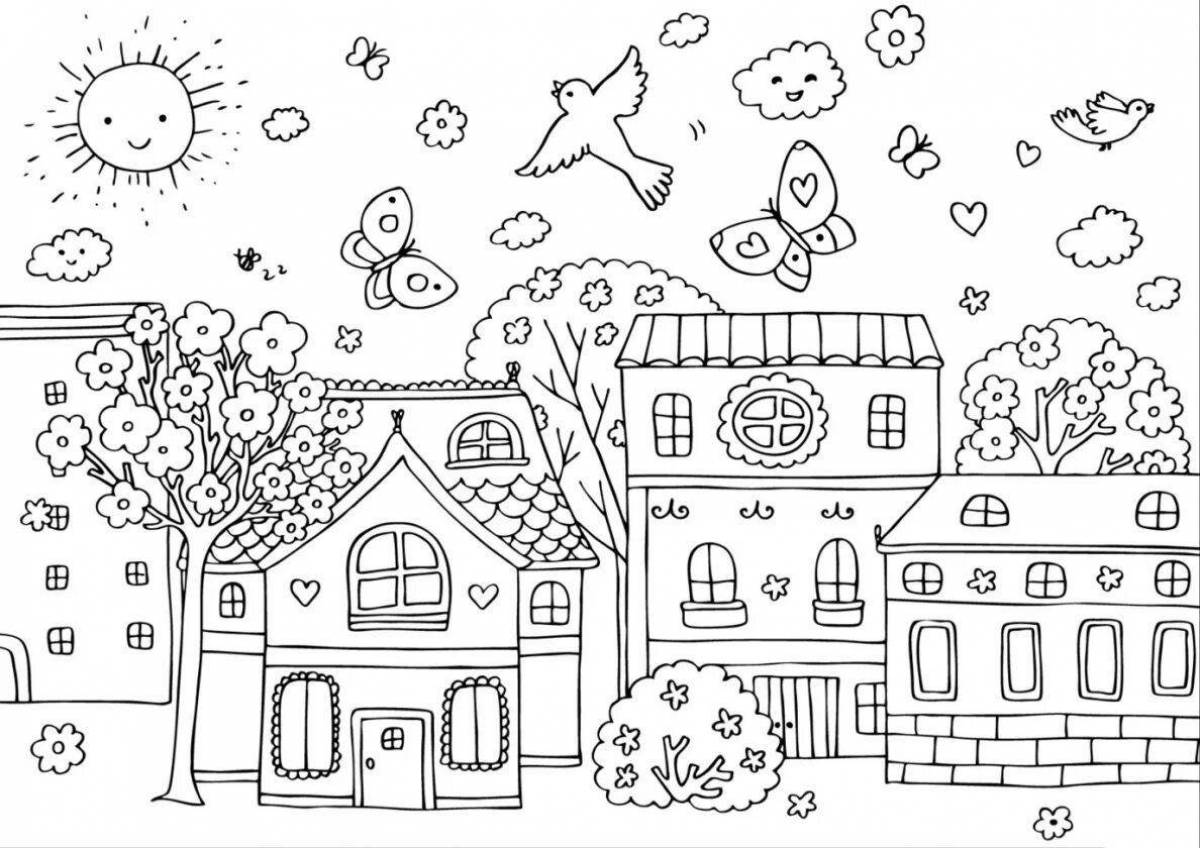 Coloring house of the children's world filled with flowers