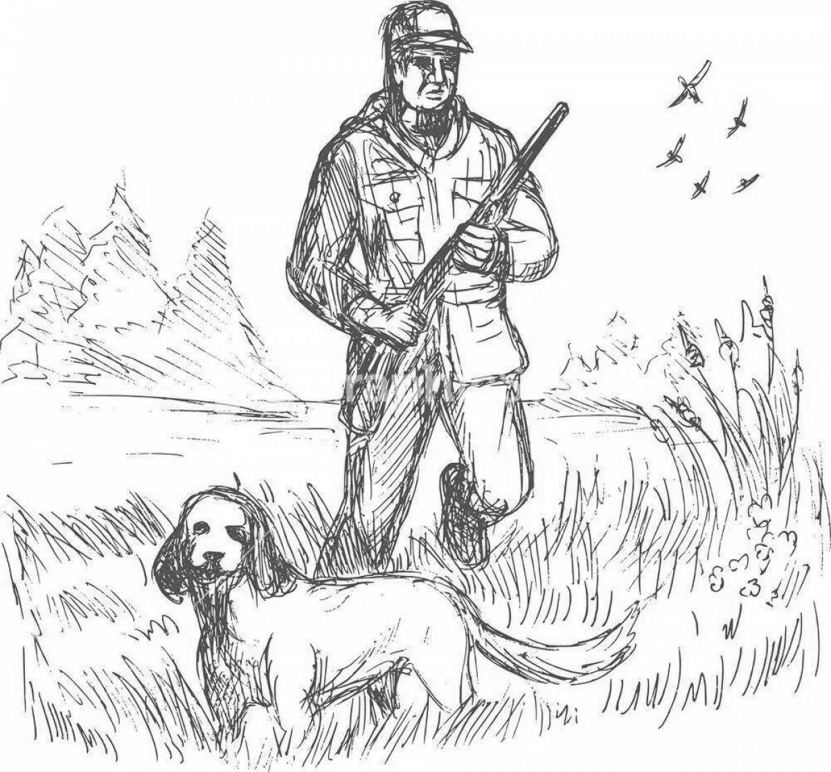 Adventure coloring book hunter with dog