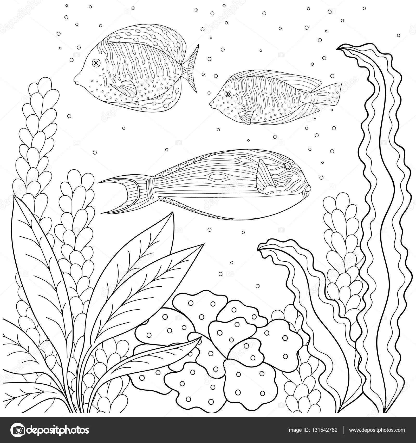 Очаровательная рыбка с водорослями раскраска