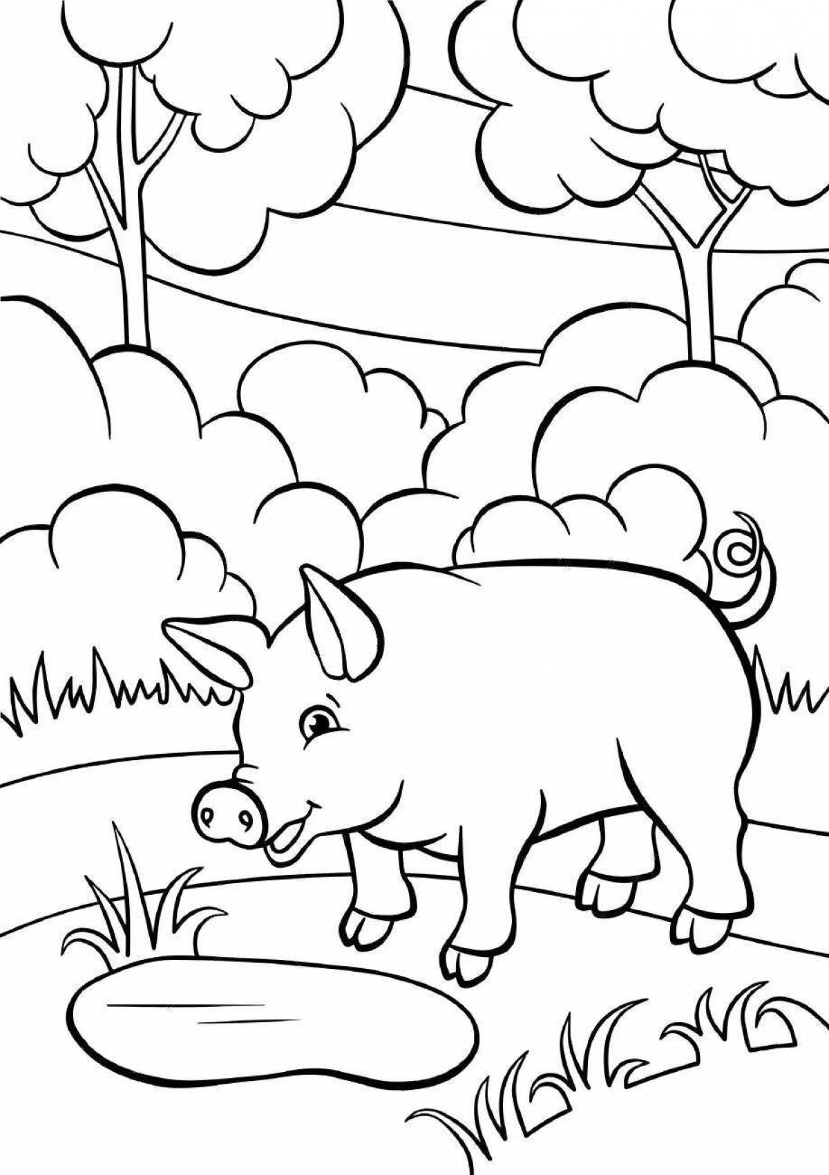 Playful coloring pig under the oak