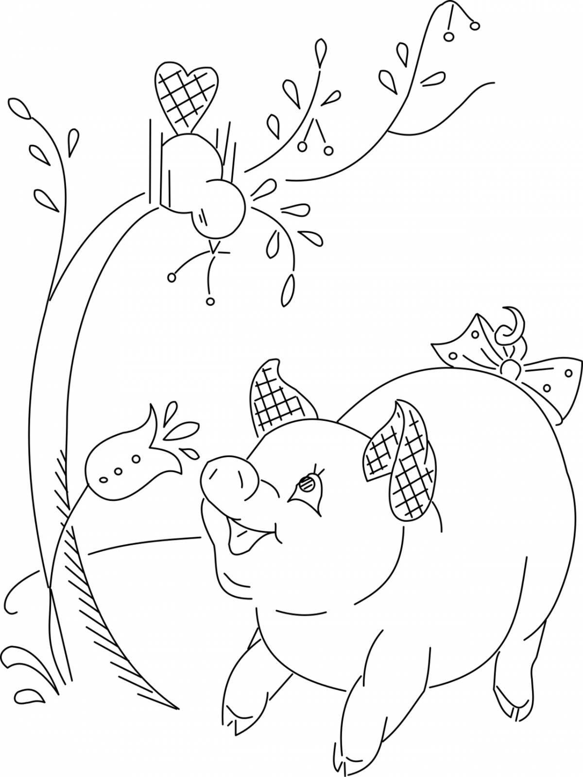 Holiday coloring pig under the oak tree
