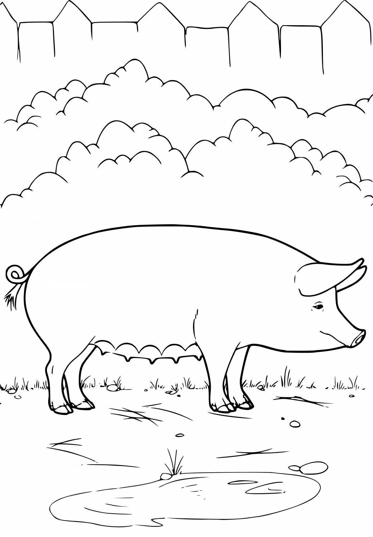 Calm coloring pig under oak