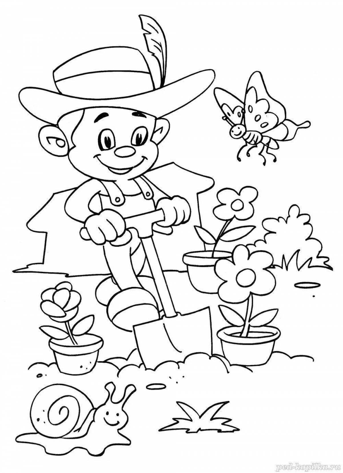 Colourful gardener coloring pages for children