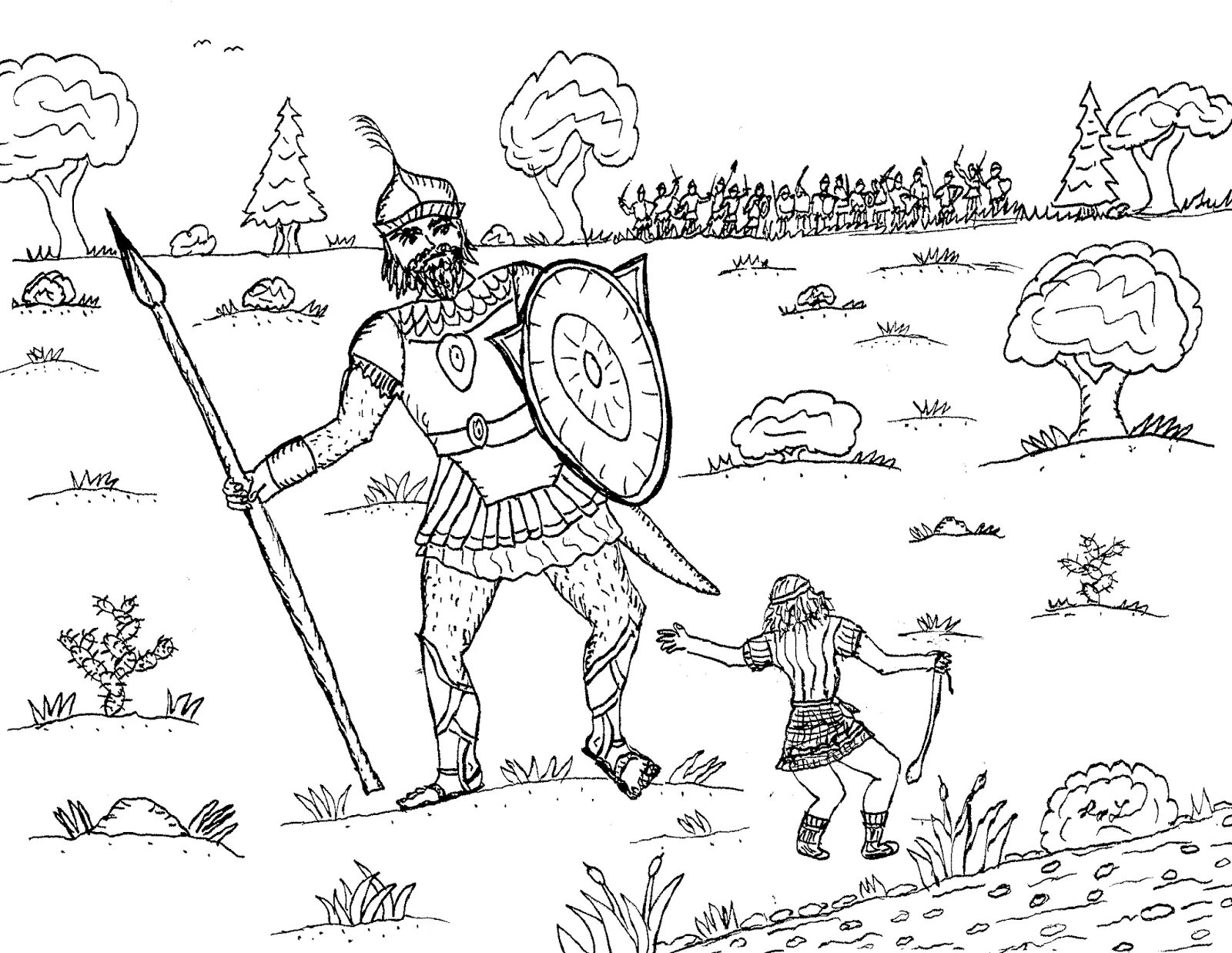 Colorful david and goliath coloring page